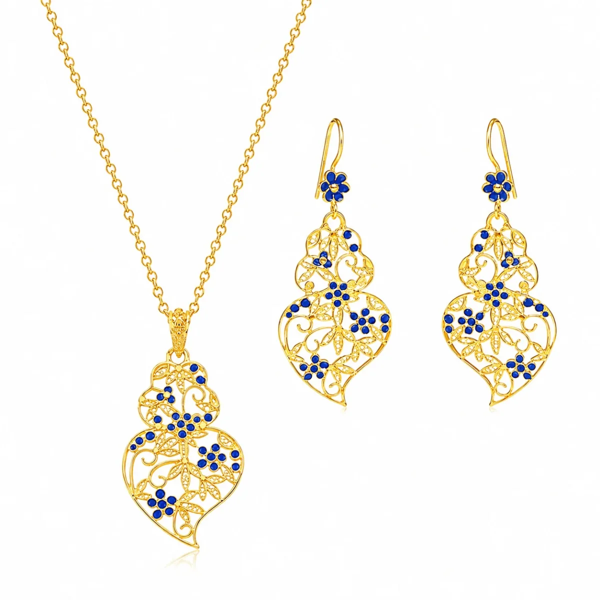 Conjunto Coração de Viana em Prata Dourada e Esmalte Azul - Image 2