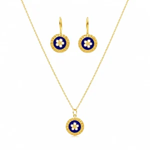Conjunto Fio e Brincos em Prata Dourada com Medalha Caramujos Redonda Azul